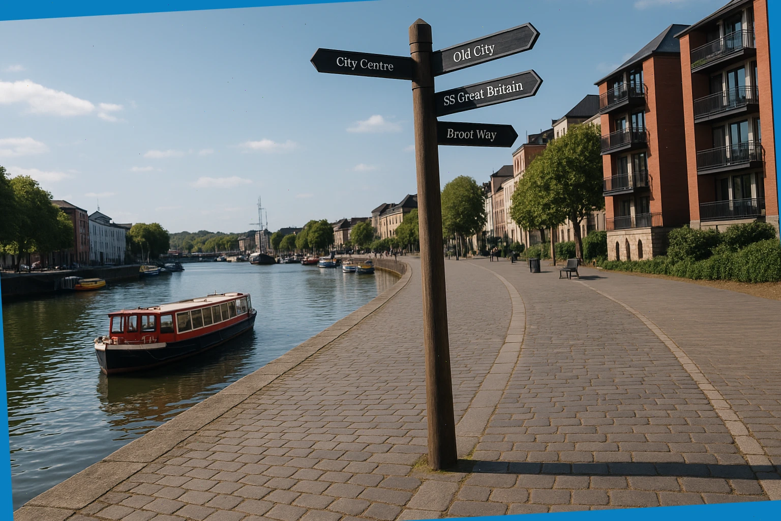 Harbourside path in Bristol with wayfinding post