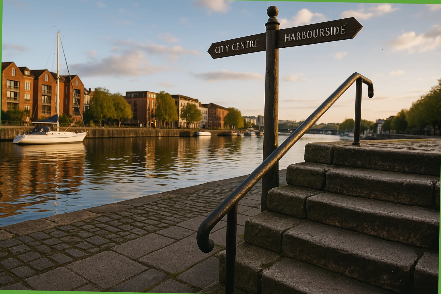 Stone steps by the harbour with handrail and signpost